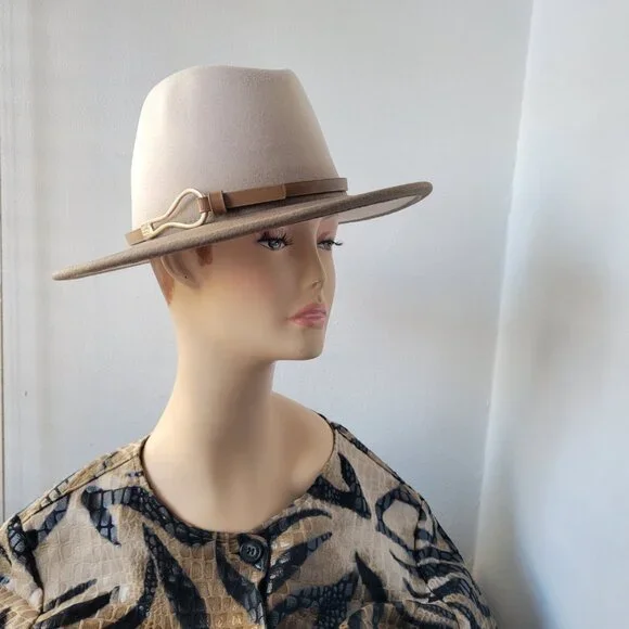 Chic Two-Tone Fedora Hat w/Faux Leather Band with Gold Metal Loop Detail - Picture 4 of 10